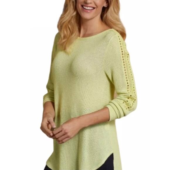 Soft Surroundings Bailey Thermal Top Womens Large Pear Green Eyelet Boho Sweater - Picture 1 of 8